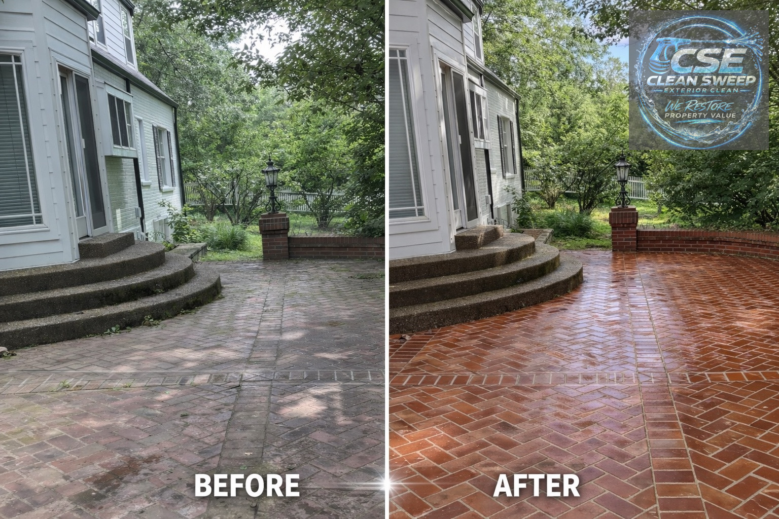 Brick patio before and after pressure washing by Clean Sweep Exterior